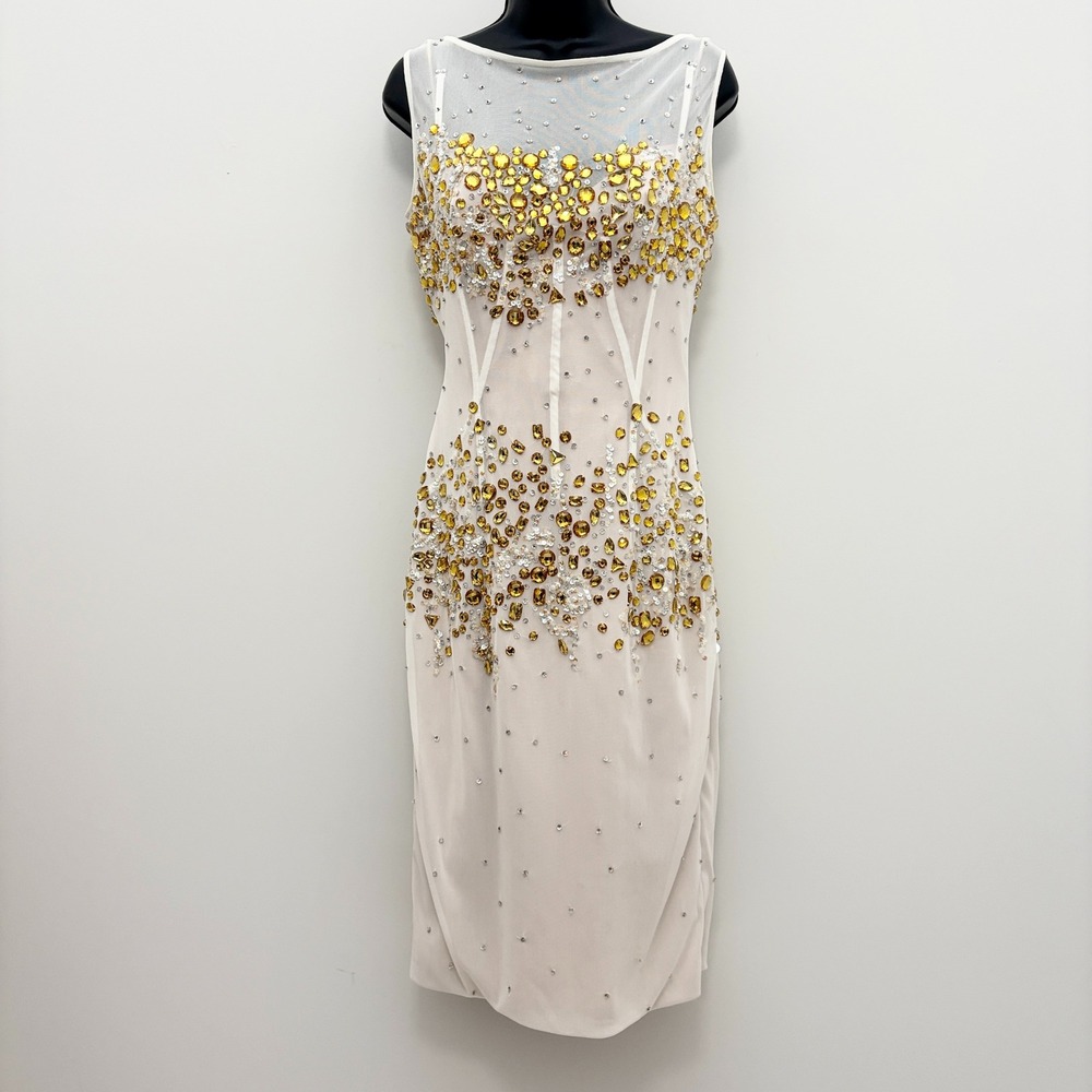 Mandalay Rare Amber Crystal Embellished Mesh Cocktail Dress Cream Gold Size 10